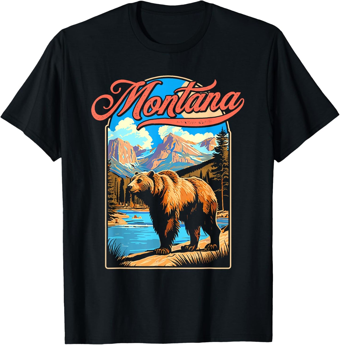Grizzly Bear & Montana Mountains Vintage 70s Vibe Graphic T-Shirt - T-Shirt | Black