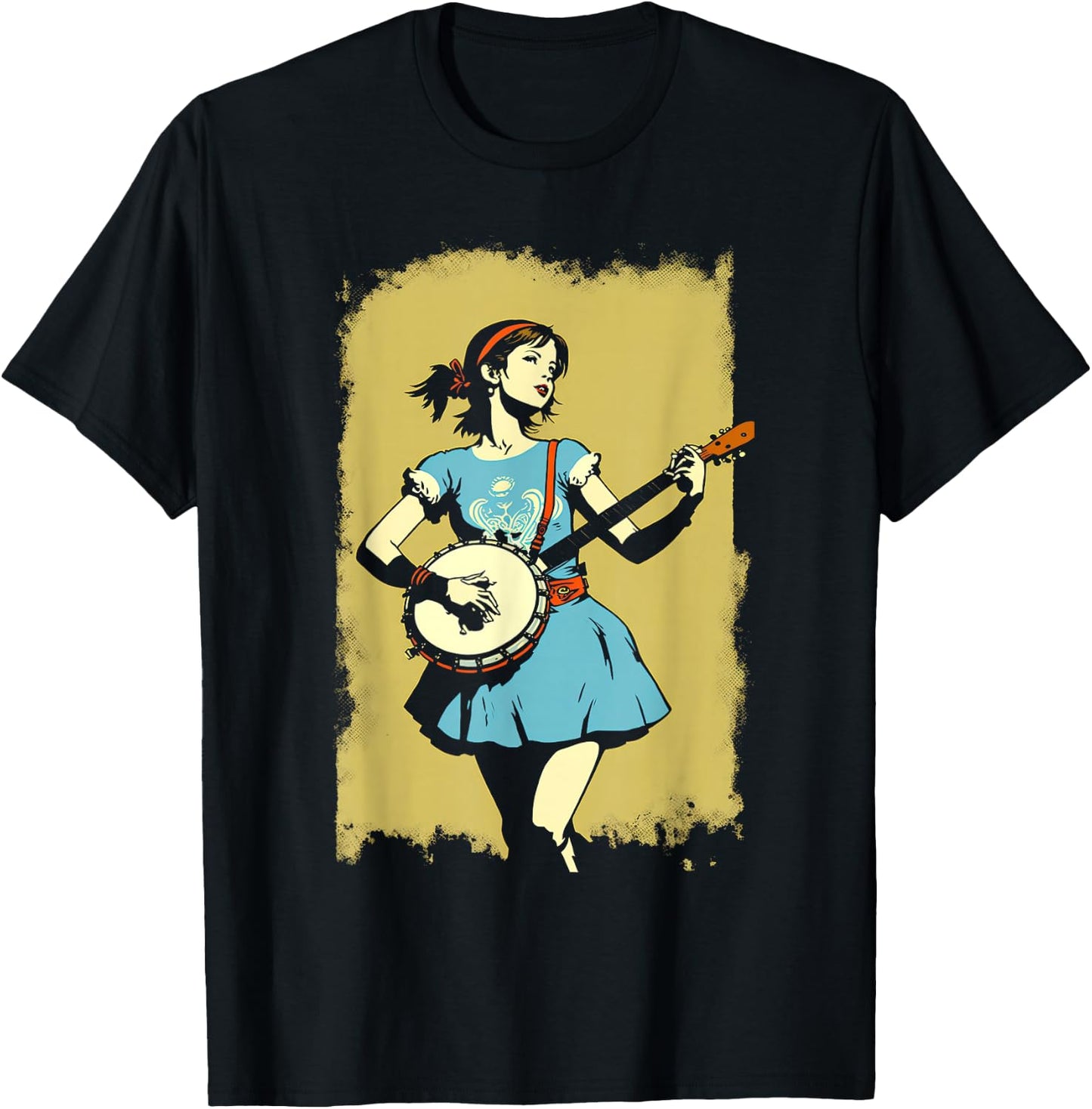 Banjo Girl Beautiful Hippie Woman Bluegrass Festival T-Shirt - T-Shirt | Black
