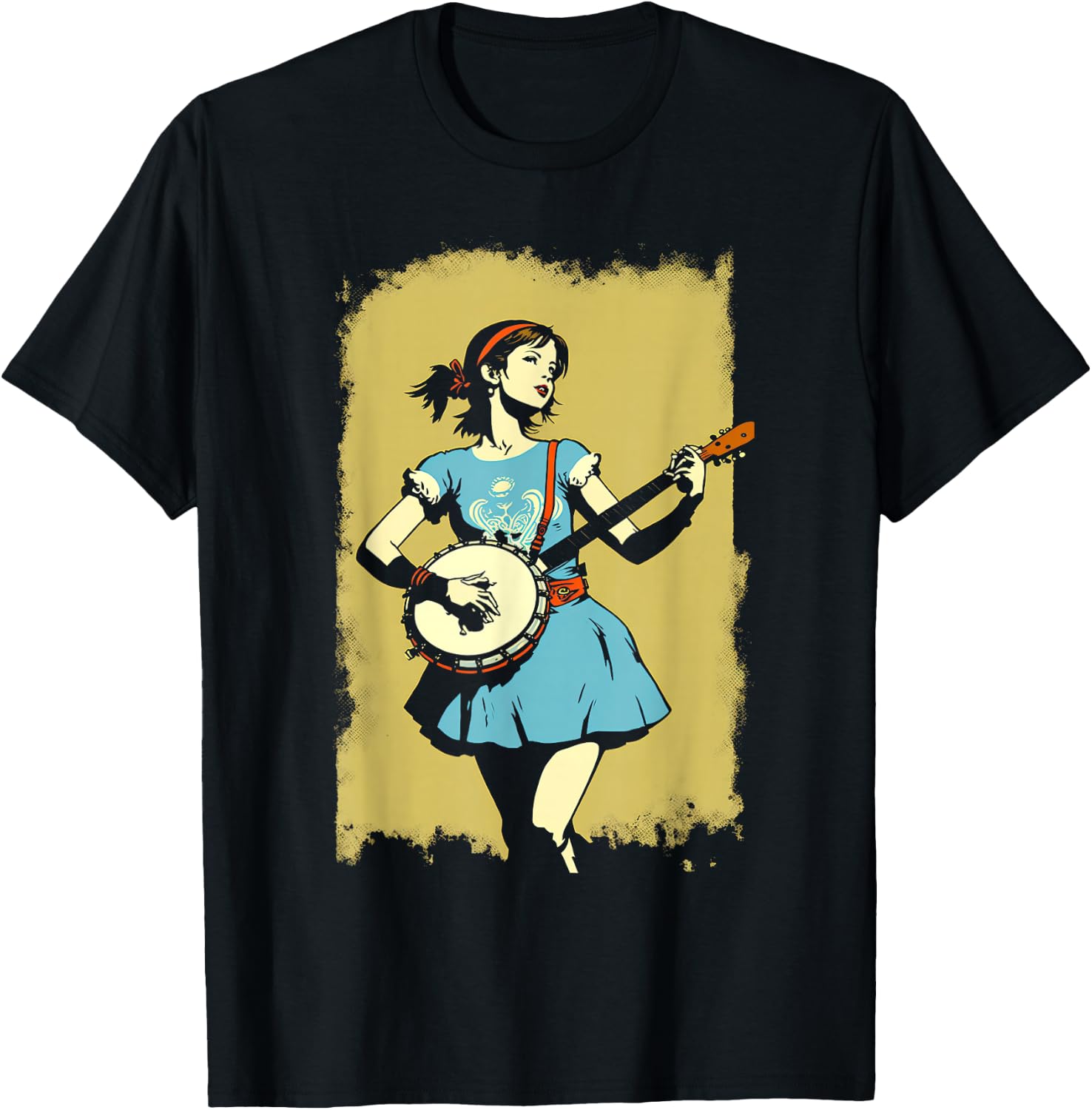 Banjo Girl Beautiful Hippie Woman Bluegrass Festival T-Shirt - T-Shirt | Black