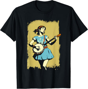 Banjo Girl Beautiful Hippie Woman Bluegrass Festival T-Shirt - T-Shirt | Black