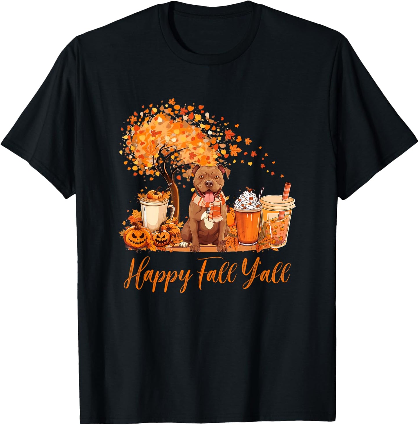 Happy Fall Y'all Pitbull Autumn Pumpkin Spice Latte T-Shirt - T-Shirt | Black