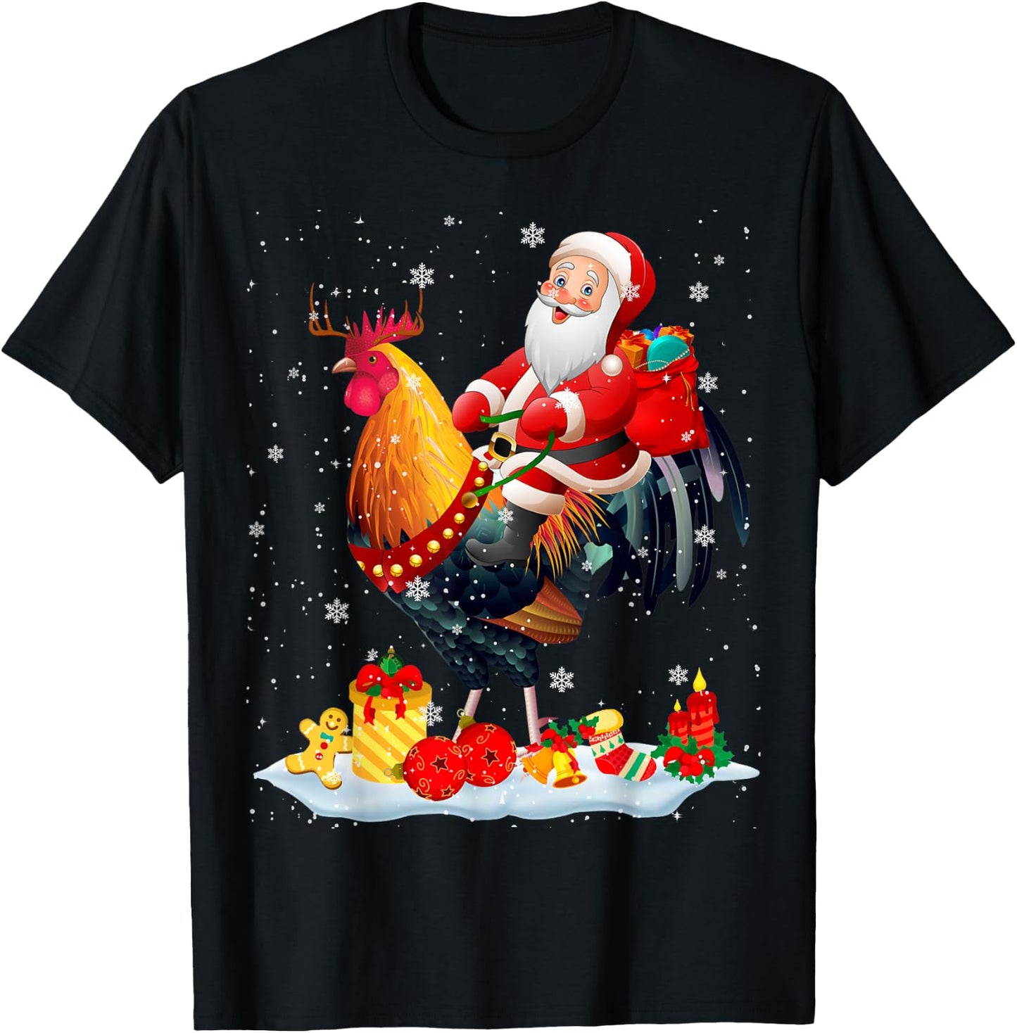 Santa Riding Chicken Reindeer Christmas Santa Chicken Lover T-Shirt - T-Shirt | Black