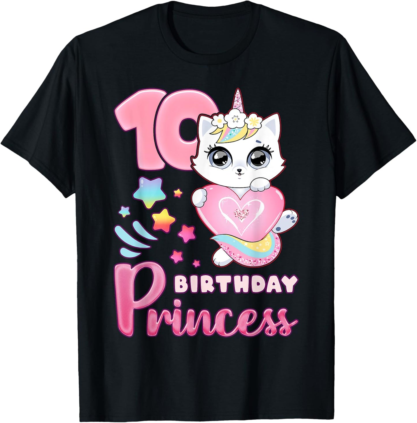 Girl, 10th birthday, unicorn cat, number 10 T-Shirt - T-Shirt | Black