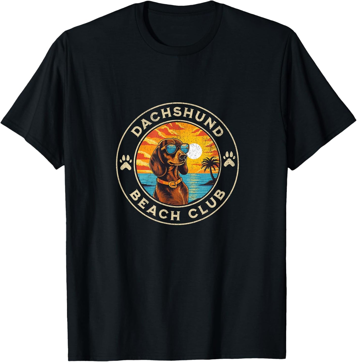 Dachshund Beach Club Wiener Dog with Sunglasses at Sunset T-Shirt - T-Shirt | Black