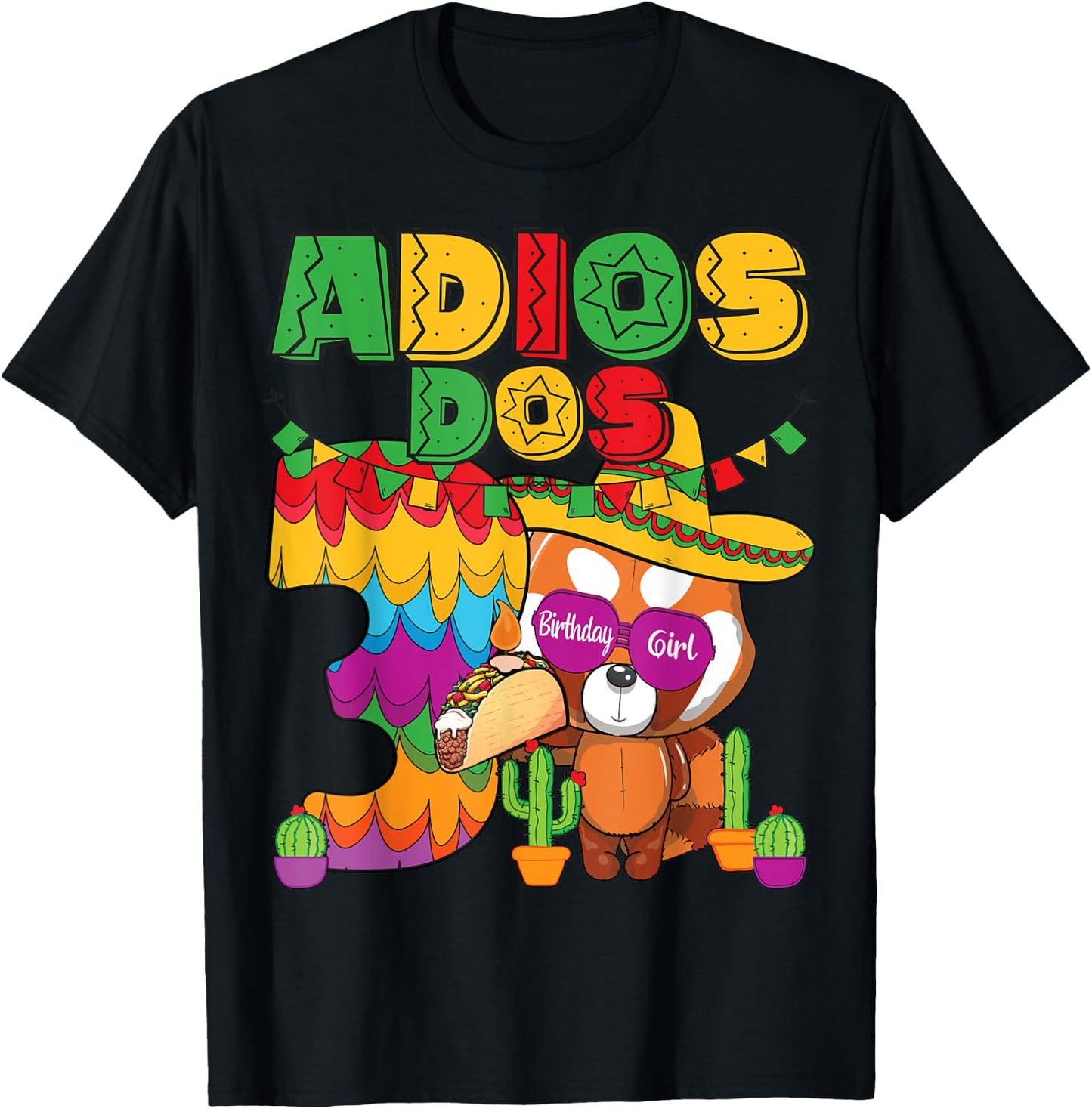 Adios Dos 3 Year Old Girls Birthday Mexican Fiesta Theme T-Shirt - T-Shirt | Black