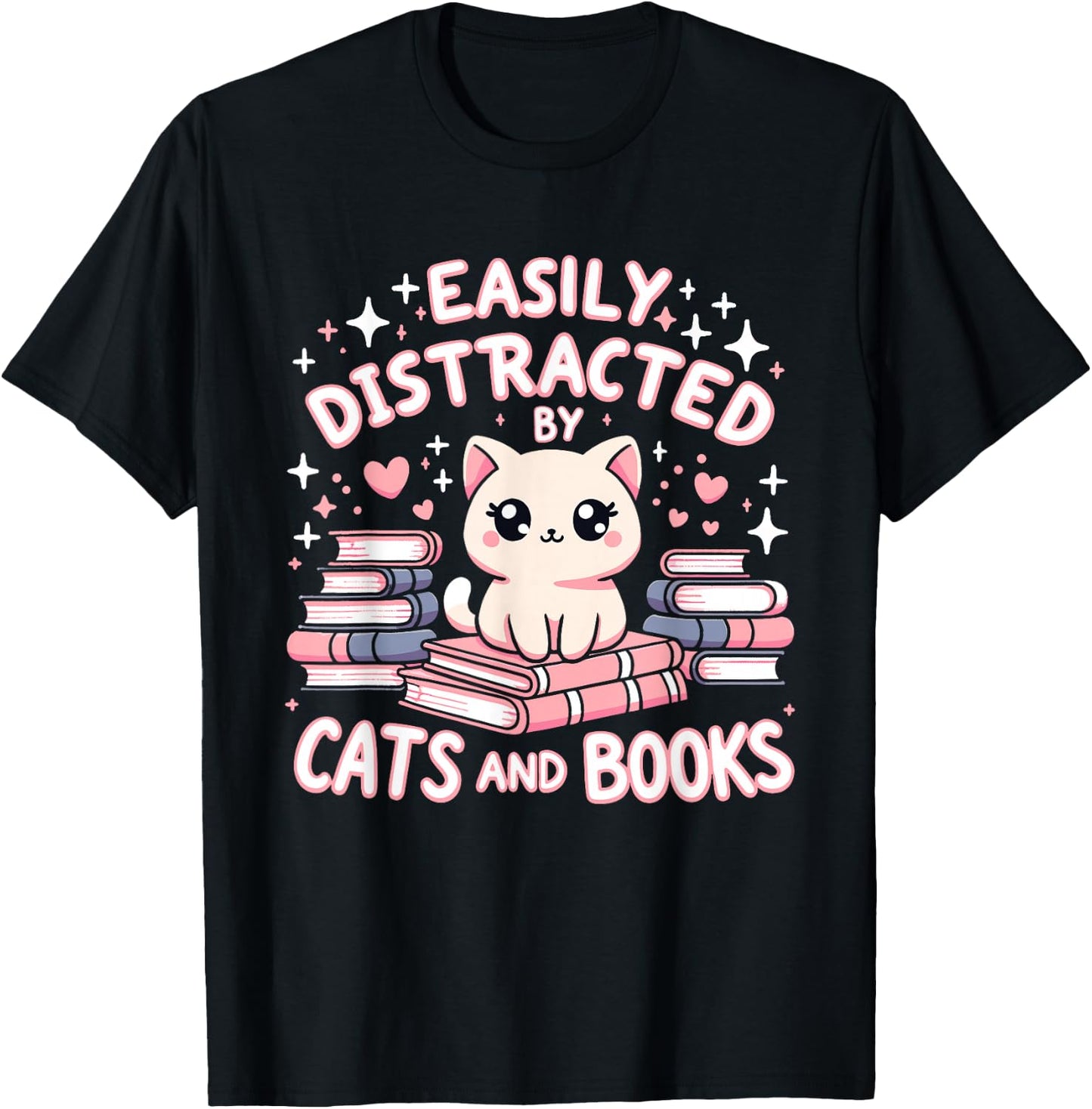 Easily Distracted by Cats and Books Cat Design Girls T-Shirt - T-Shirt | Black