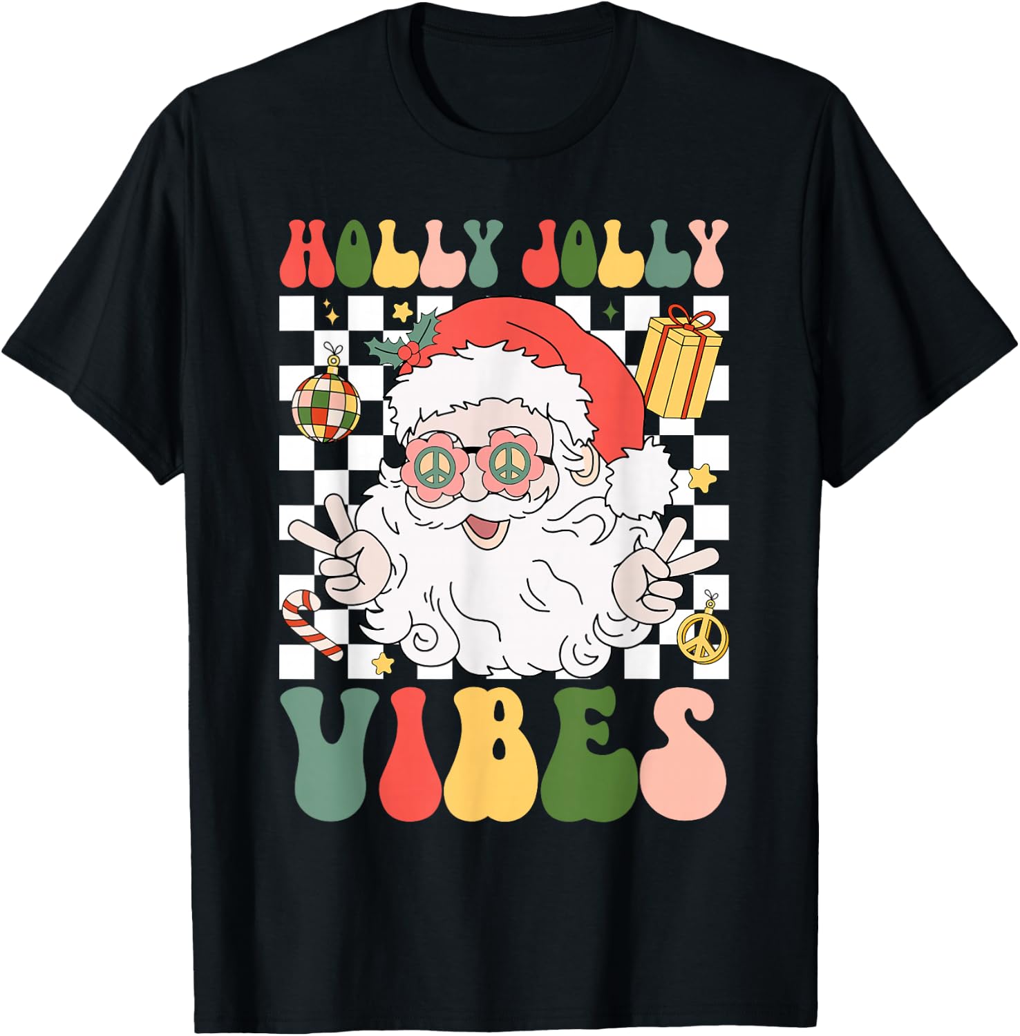 Retro Groovy Holly And Jolly Vibes Peace Santa Xmas Lights T-Shirt - T-Shirt | Black