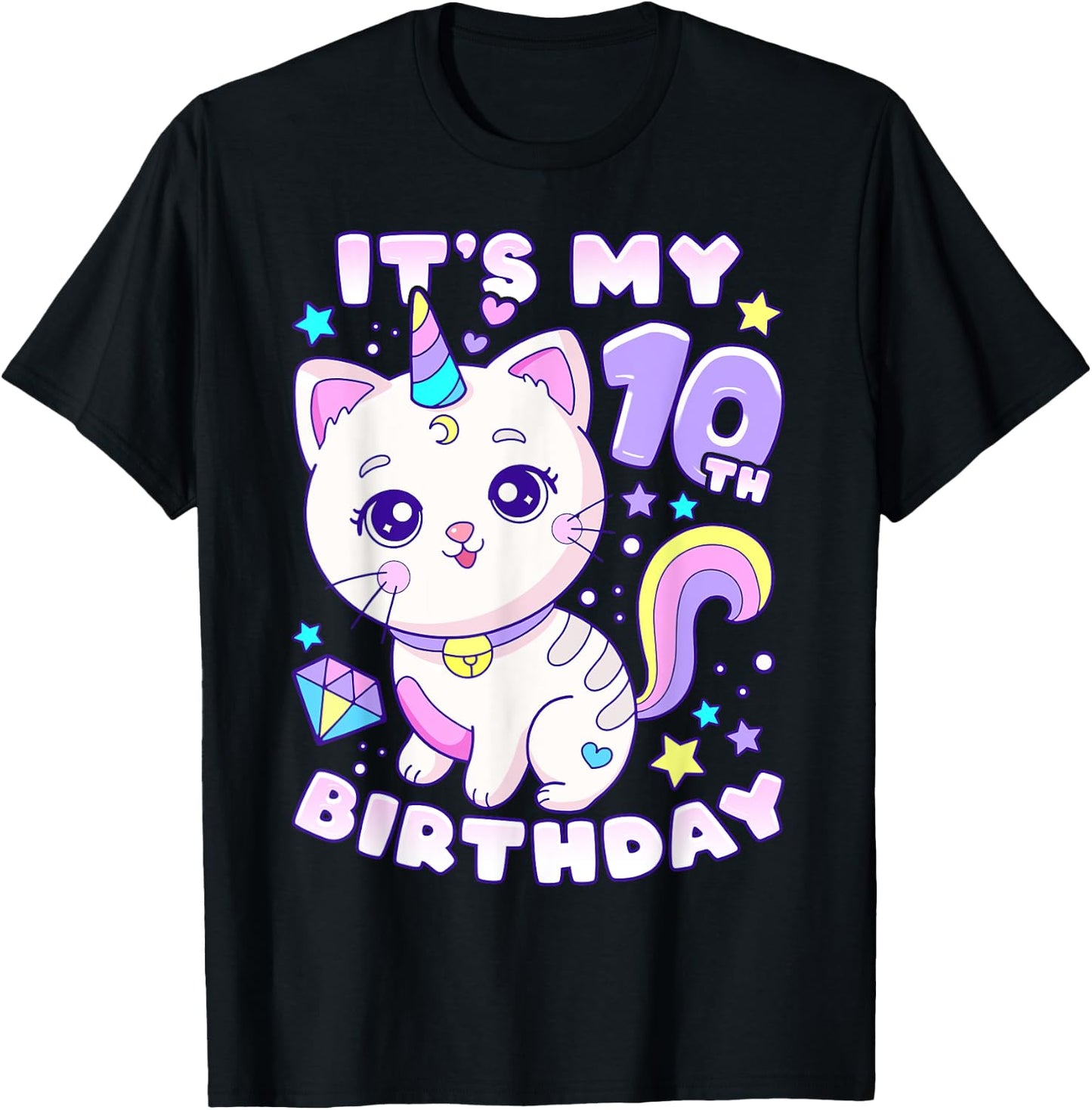 Birthday girl 10 years old, cat, unicorn, 10th birthday T-Shirt - T-Shirt | Black