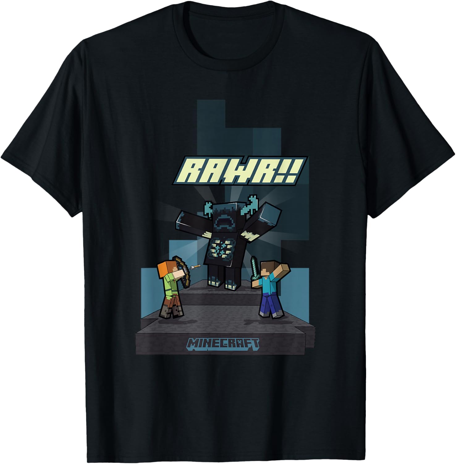 Minecraft Rawr!! Alex And Steve Fighting Off Warden T-Shirt - T-Shirt | Black