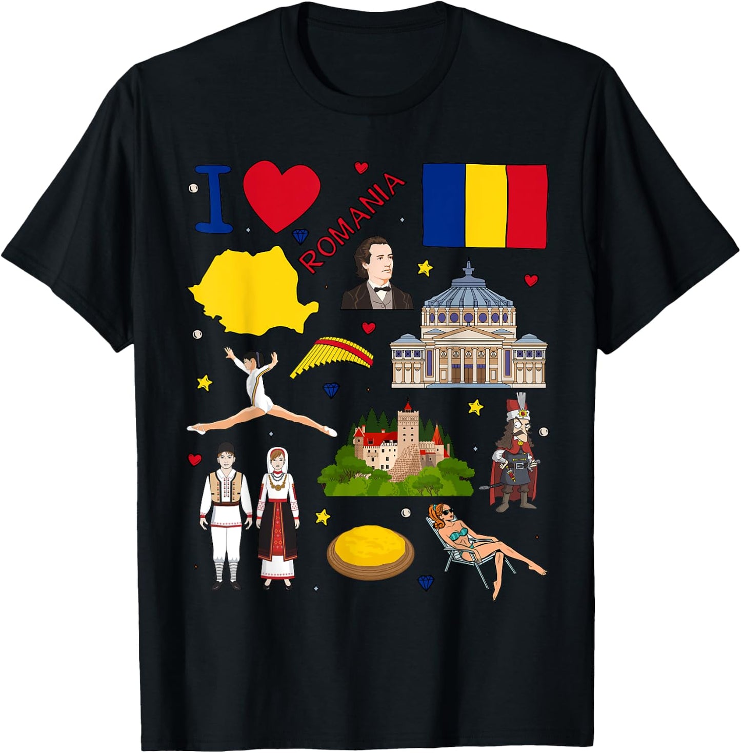 I love Romania. Hand drawn Romanian Landmarks, flag and map T-Shirt - T-Shirt | Black