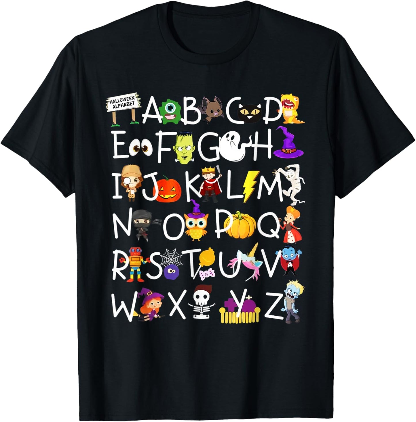 Alphabet ABCs Halloween Characters Kindergarten Teacher Kids T-Shirt - T-Shirt | Black