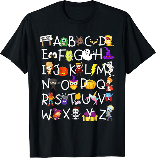 Alphabet ABCs Halloween Characters Kindergarten Teacher Kids T-Shirt - T-Shirt | Black