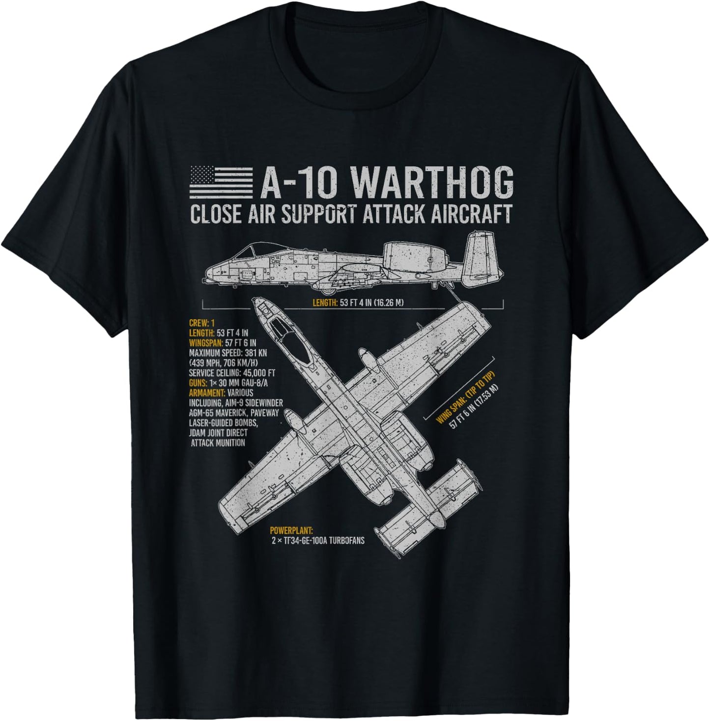 Aviation Geeks Store A-10 Warthog Thunderbolt II Aircraft Airplane Blueprint Fact T-Shirt - T-Shirt | Black