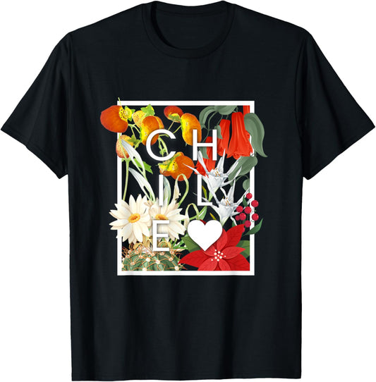 Flowers of Chile Word Art - Chilean Pride T-Shirt - T-Shirt | Black