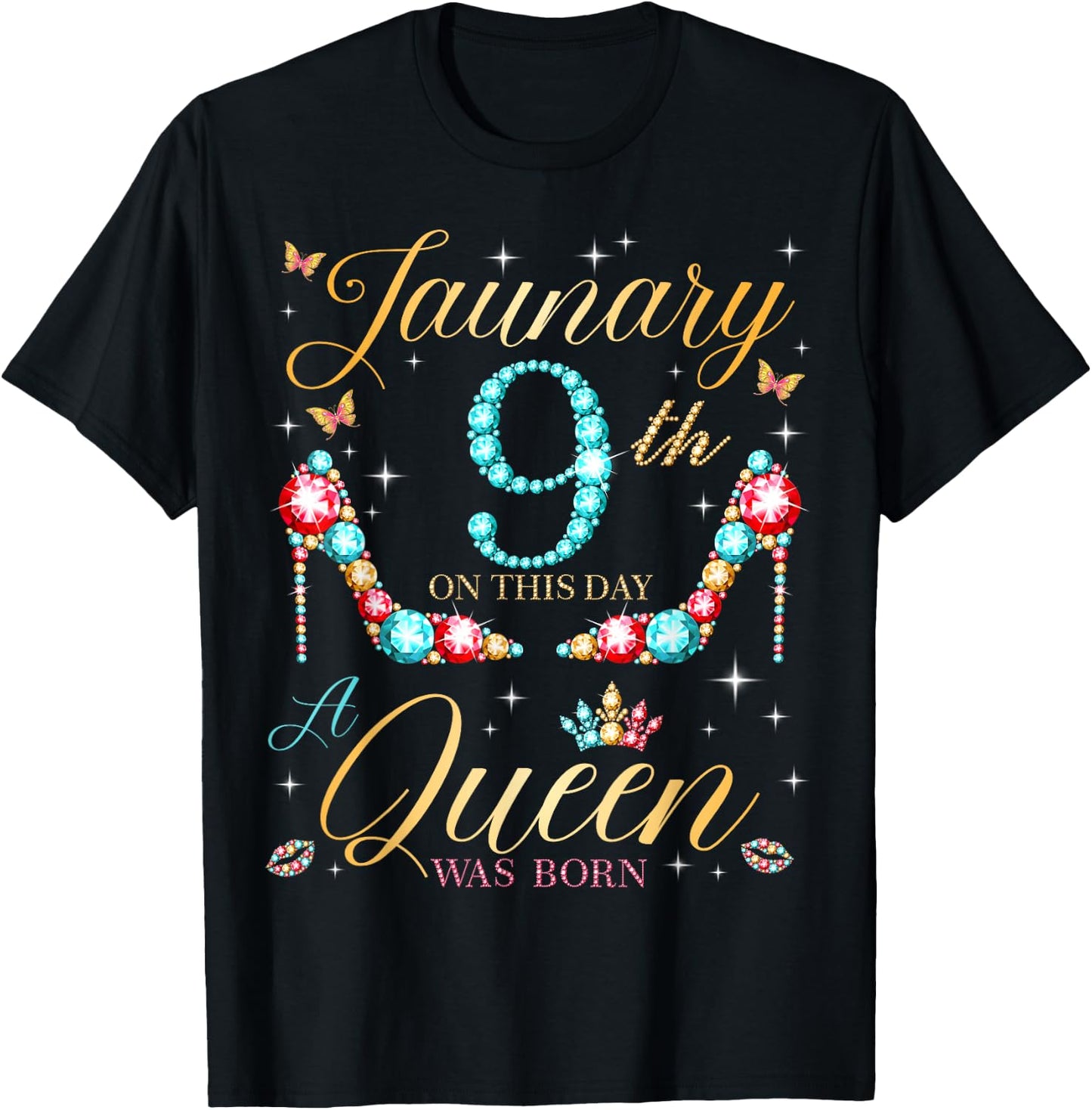 On January 9th A Queen Was Born on January 9 Birthday T-Shirt - T-Shirt | Black