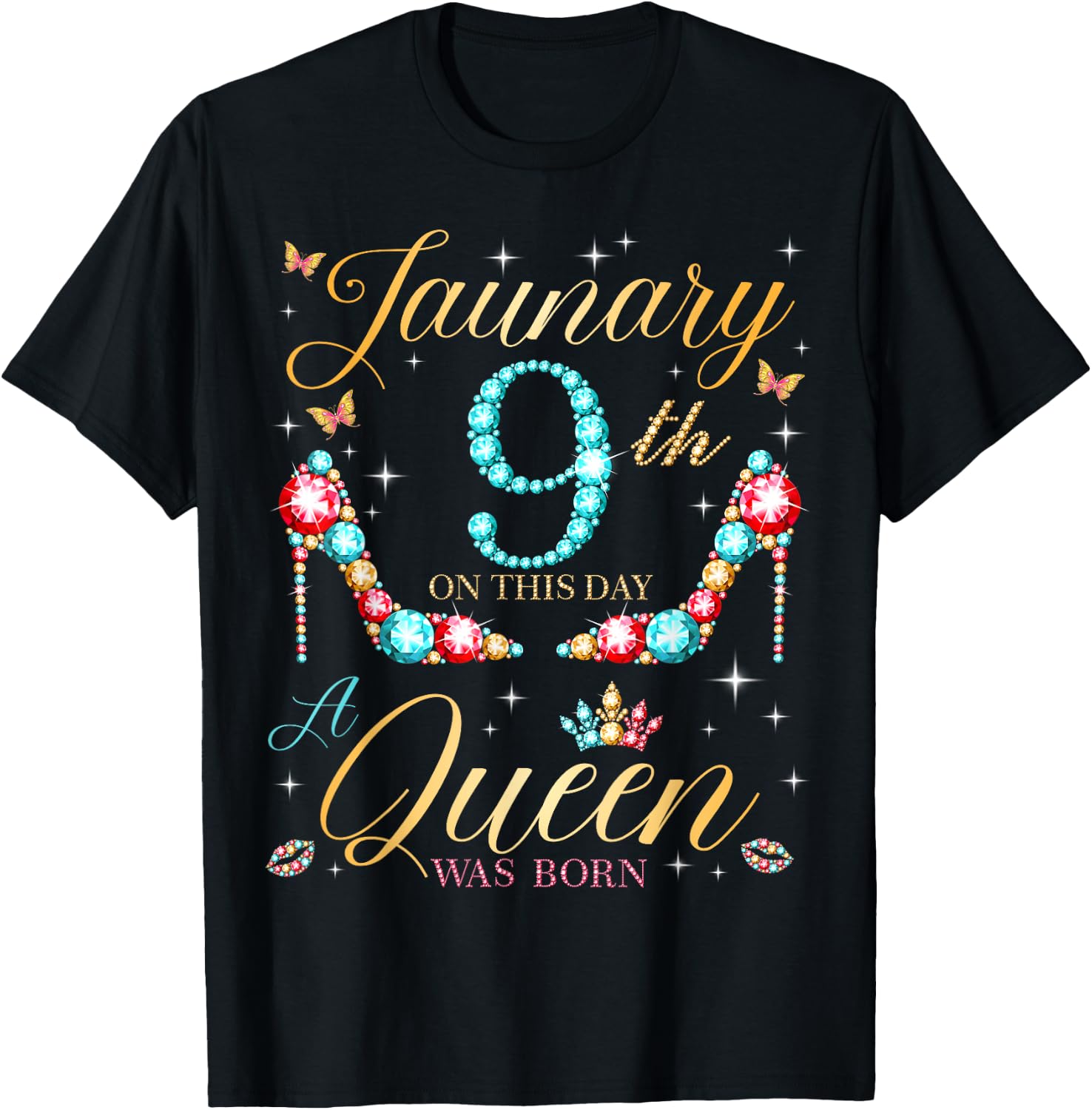 On January 9th A Queen Was Born on January 9 Birthday T-Shirt - T-Shirt | Black