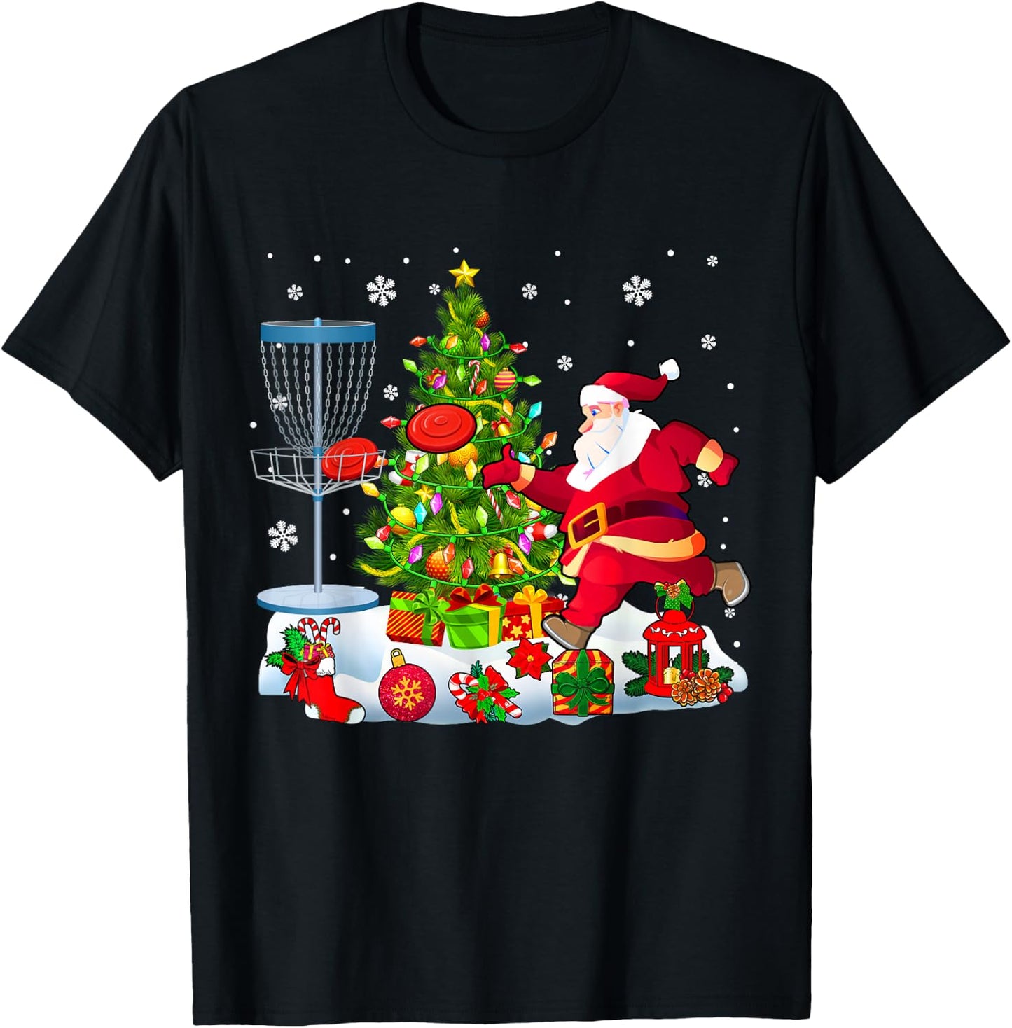 Xmas Tree Light Presents Santa Playing Disc Golf Player T-Shirt - T-Shirt | Black