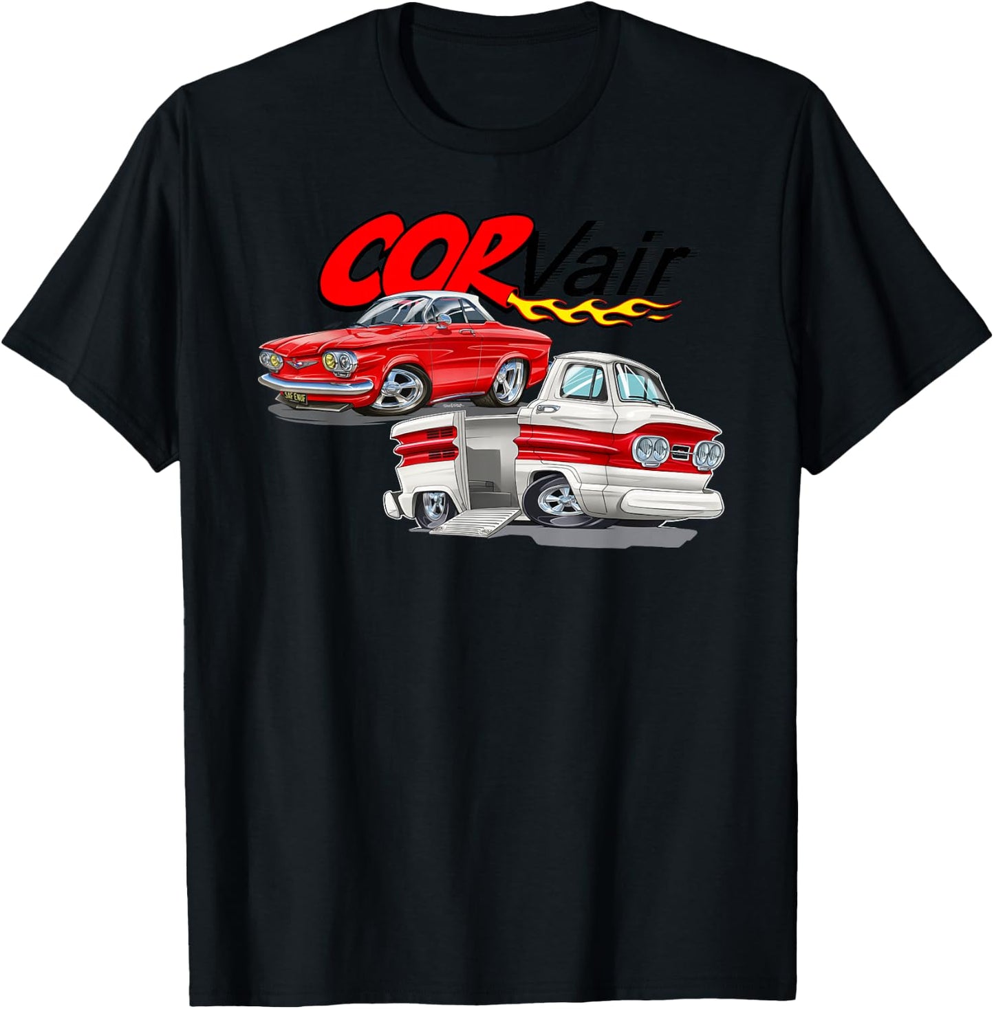 Corvair Cartoon Coupe and Rampside Truck T-Shirt - T-Shirt | Black