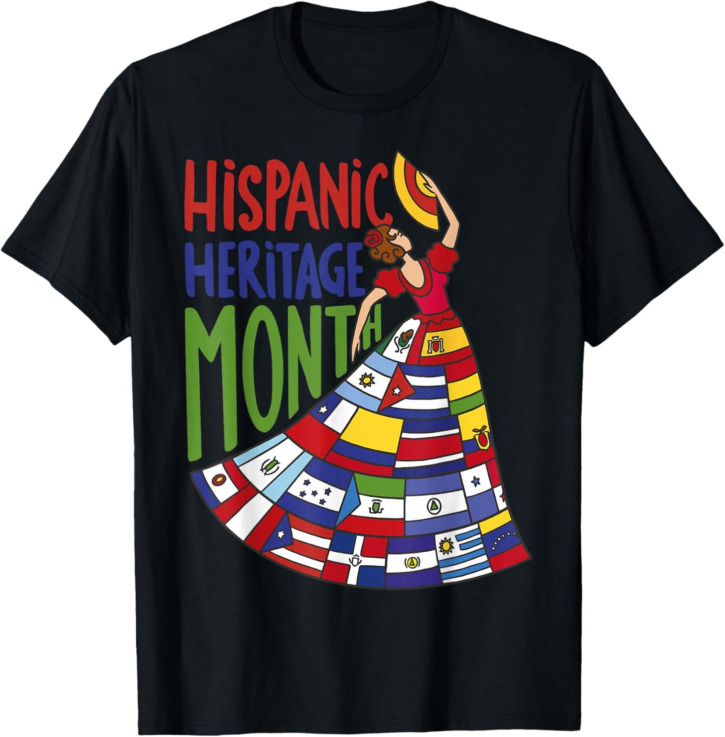 Hispanic Heritage Month 2024 Woman Latin Country Flags Dress T-Shirt - T-Shirt | Black