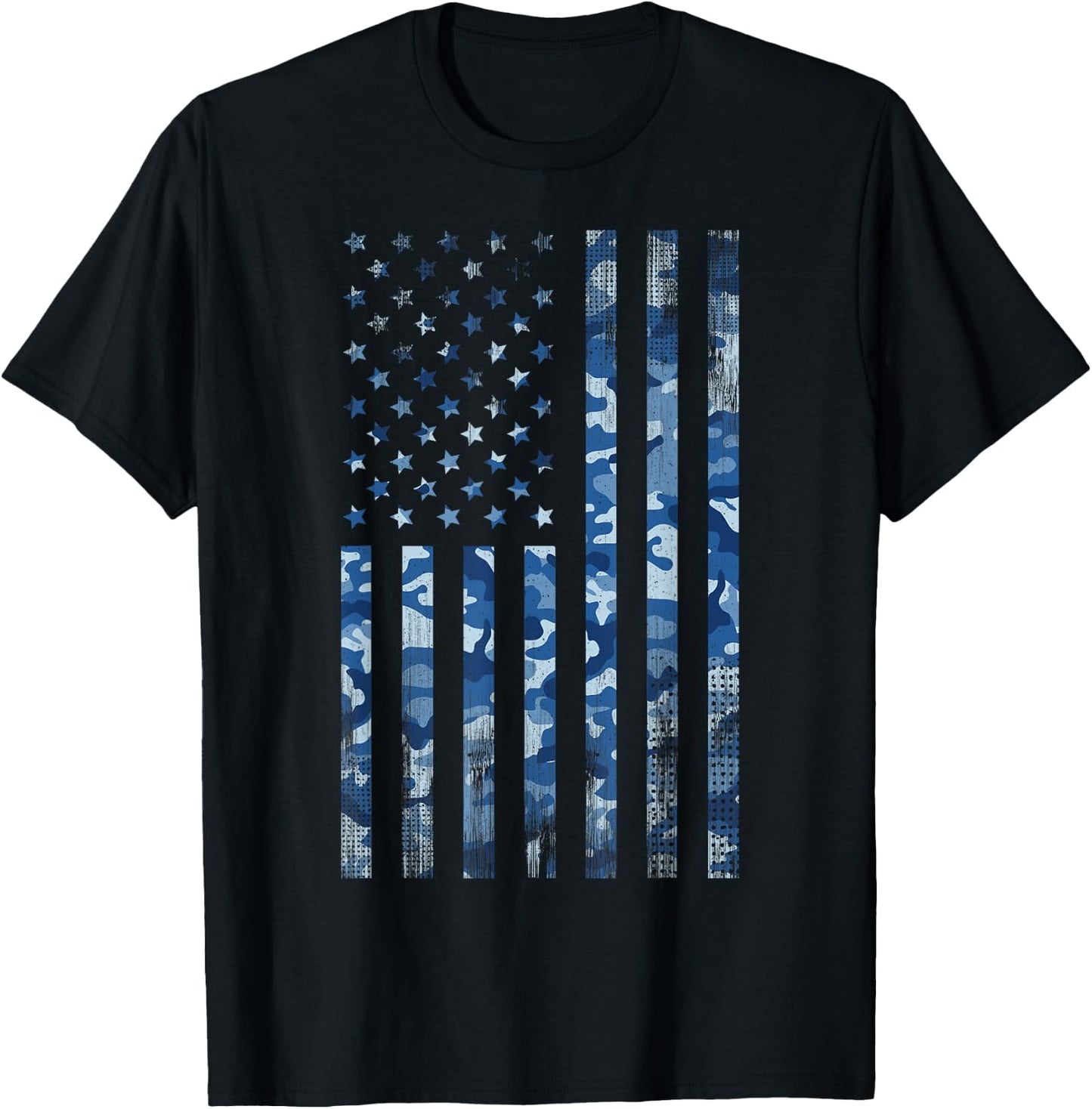 Blue Camo American Flag USA Tactical Ocean Camouflage T-Shirt - T-Shirt | Black