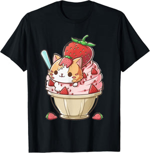 Strawberry Ice Cream Sundae Kitten Gelato Berry Cat Sorbet T-Shirt - T-Shirt | Black