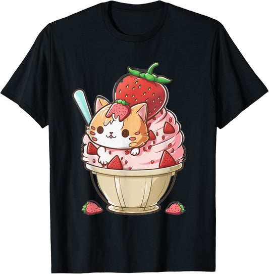 Strawberry Ice Cream Sundae Kitten Gelato Berry Cat Sorbet T-Shirt - T-Shirt | Black