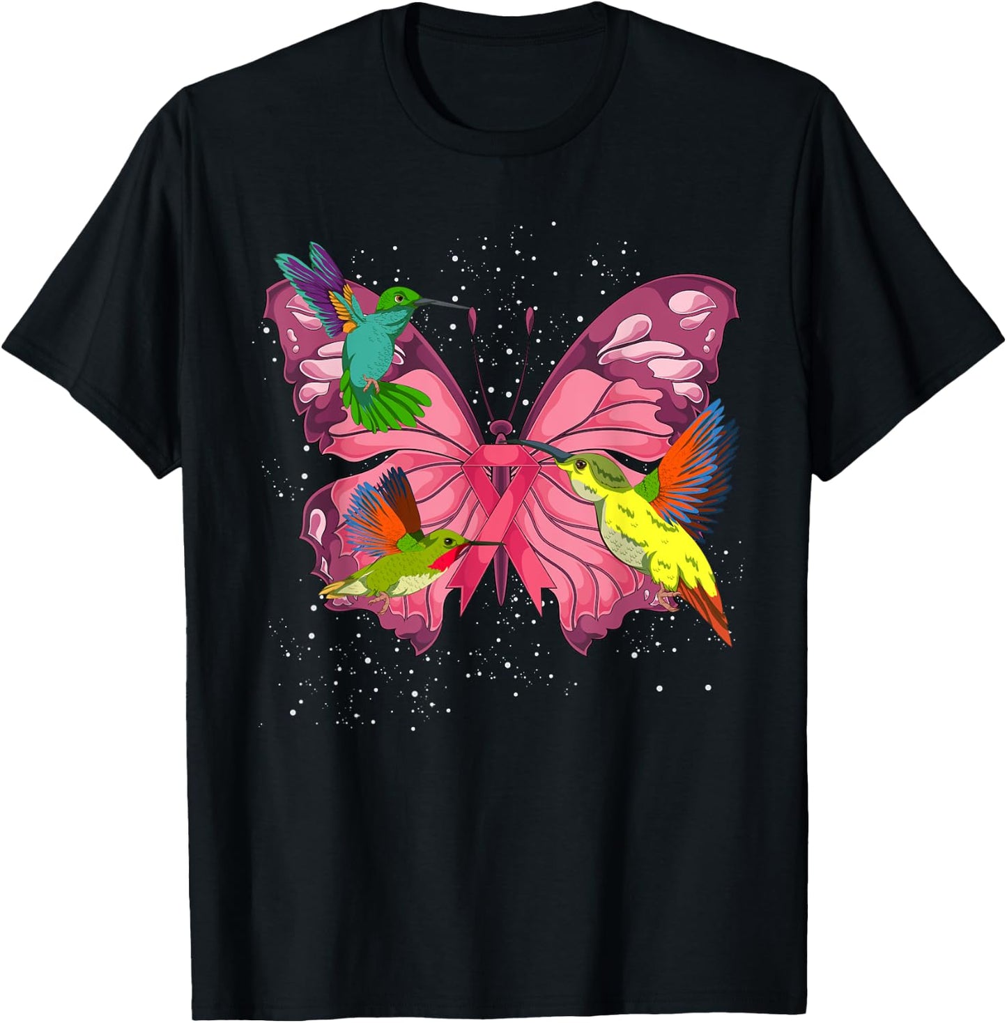 Hummingbird Butterfly Pink Ribbon Breast Cancer Awareness T-Shirt - T-Shirt | Black