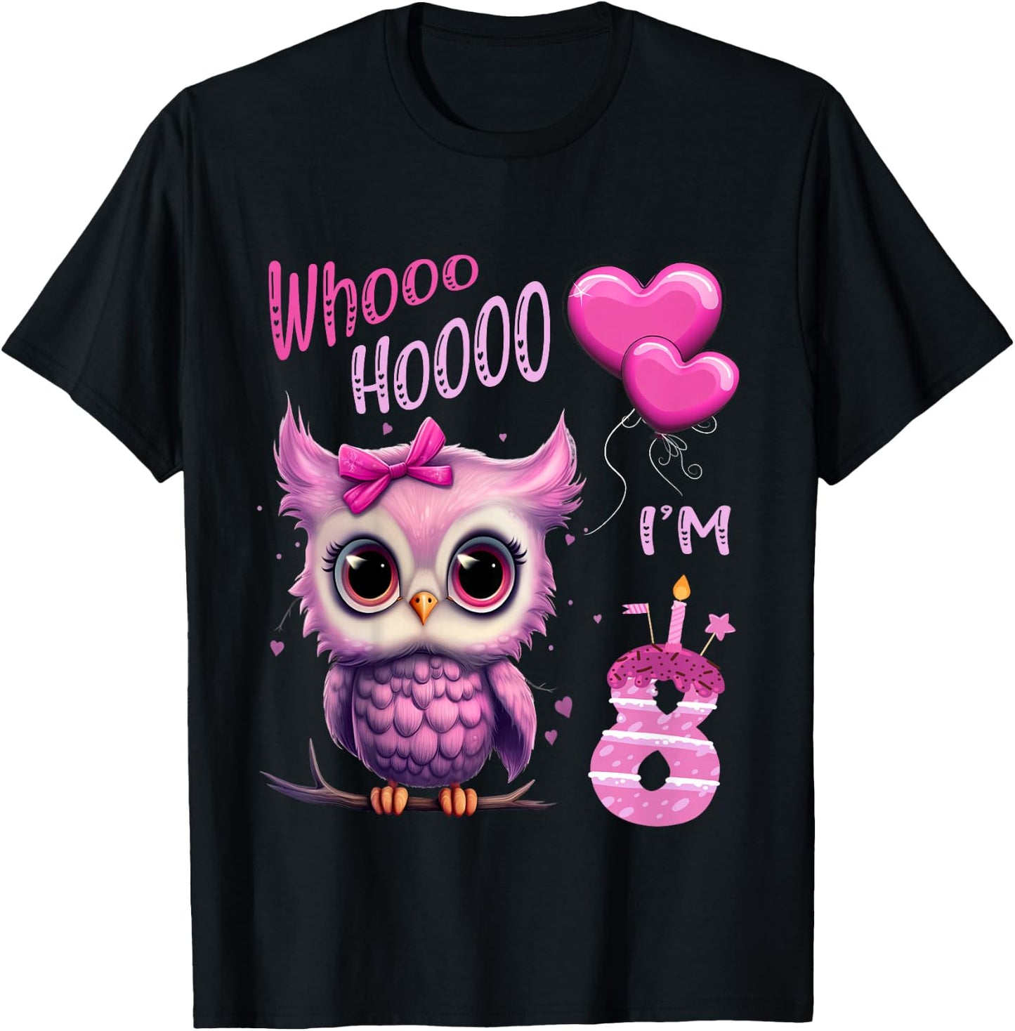Birthday Shirt Cute Owl - Whooo hooo I’m 8 Years - Girls T-Shirt - T-Shirt | Black