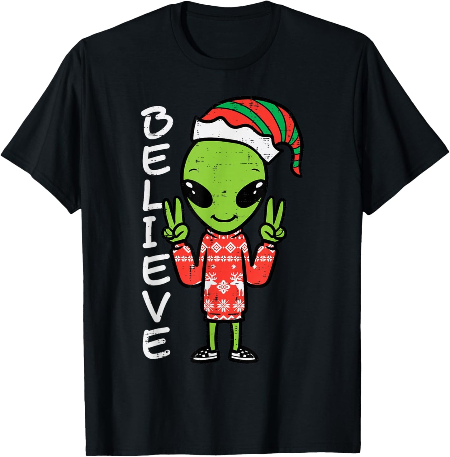 Christmas Alien Elf Believe Funny Xmas Space Men Women Kids T-Shirt - T-Shirt | Black