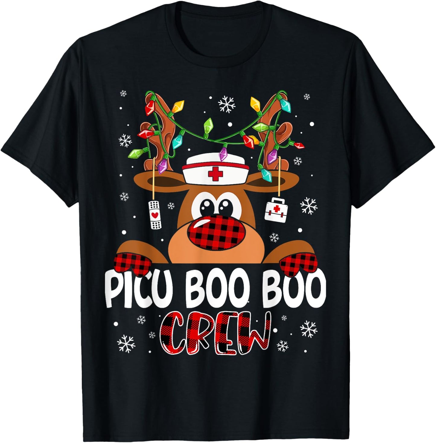 Reindeer PICU Nurse Boo Crew Christmas Buffalo Plaid Nurse T-Shirt - T-Shirt | Black