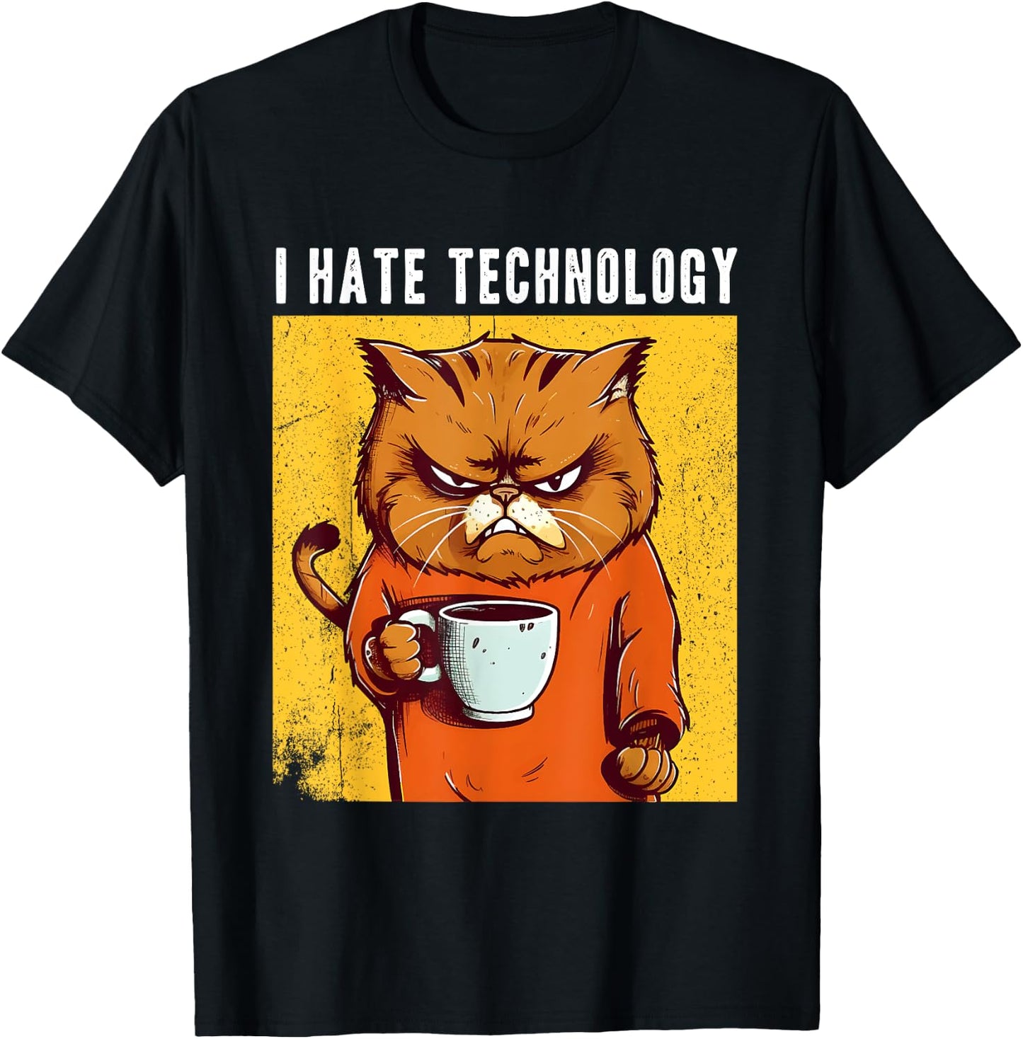 Angry cat drinking coffee I hate technology funny cynical T-Shirt - T-Shirt | Black