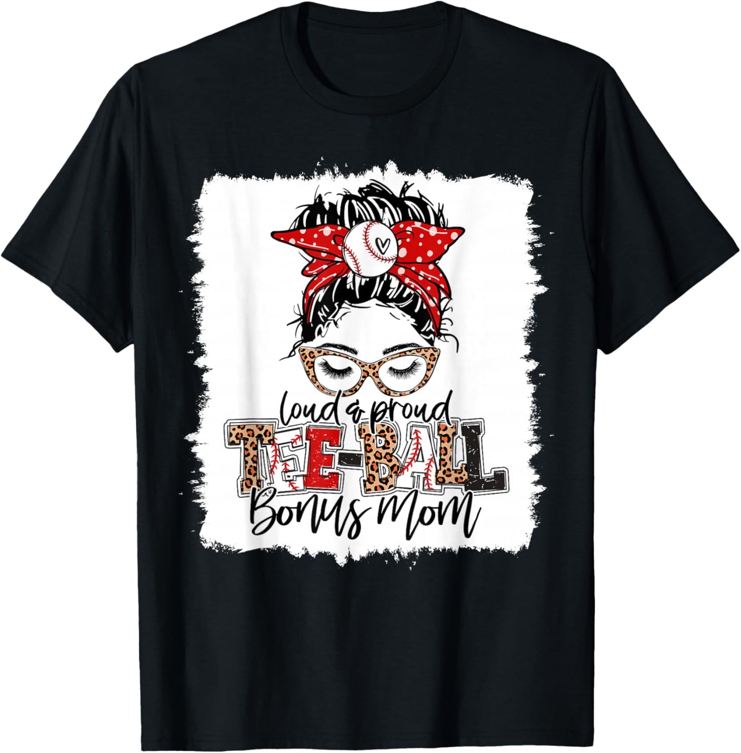 T-Ball Bonus Mom Ball Leopard Print Squad Messy Bun Hair T-Shirt - T-Shirt | Black