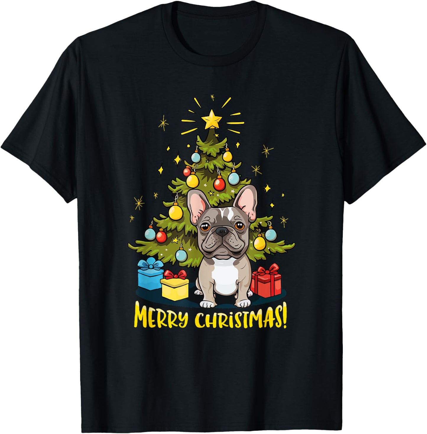 Funny French Bulldog With Christmas Tree - Merry Christmas T-Shirt - T-Shirt | Black