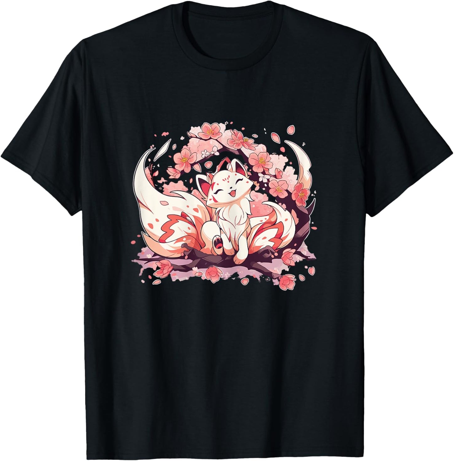 Kitsune Fox Japanese Nine Tailed Fox Cherry Blossom Flowers T-Shirt - T-Shirt | Black