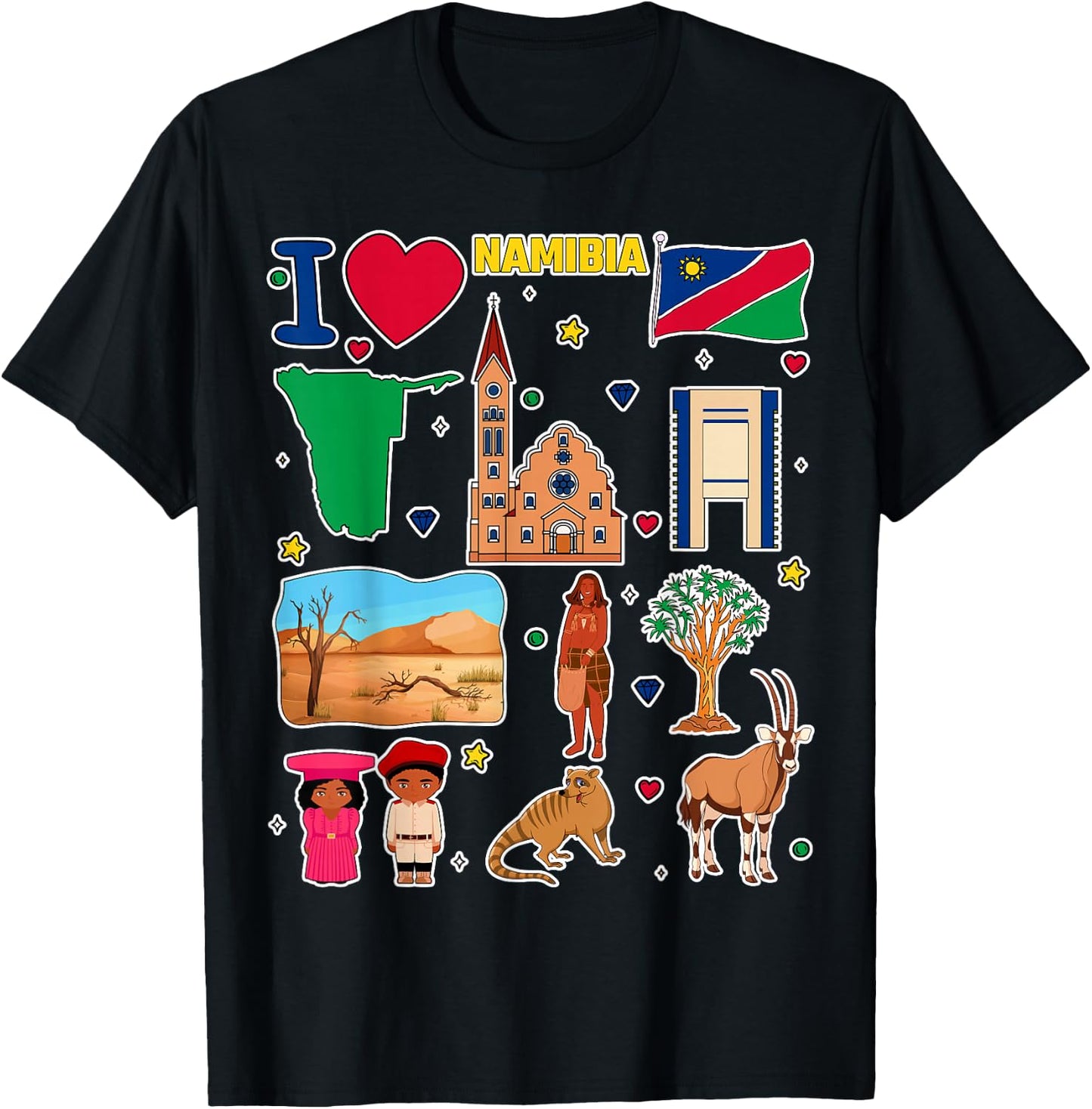 Namibian hand drawn symbols, Namibia map, cultural icons T-Shirt - T-Shirt | Black