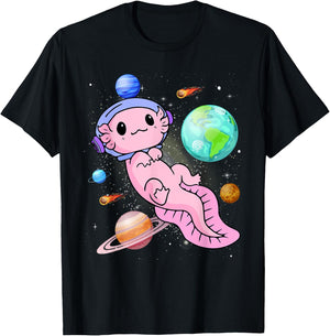 Cute Astronaut Axolotl In Space Galaxy Planet Outer Space T-Shirt - T-Shirt | Black