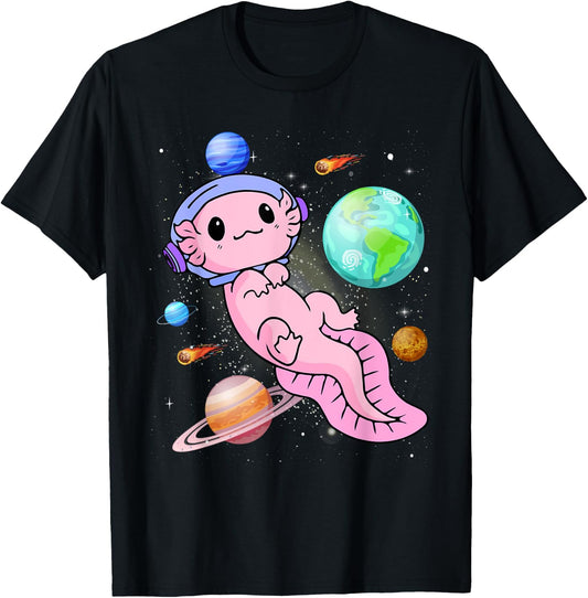 Cute Astronaut Axolotl In Space Galaxy Planet Outer Space T-Shirt - T-Shirt | Black