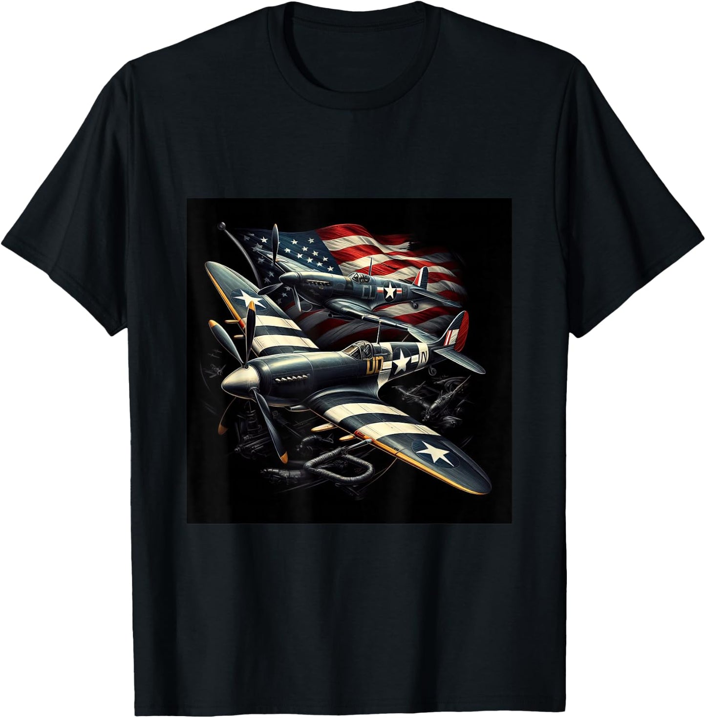 Spitfire F4U Corsair WW2 Airplanes US Flag T-Shirt - T-Shirt | Black