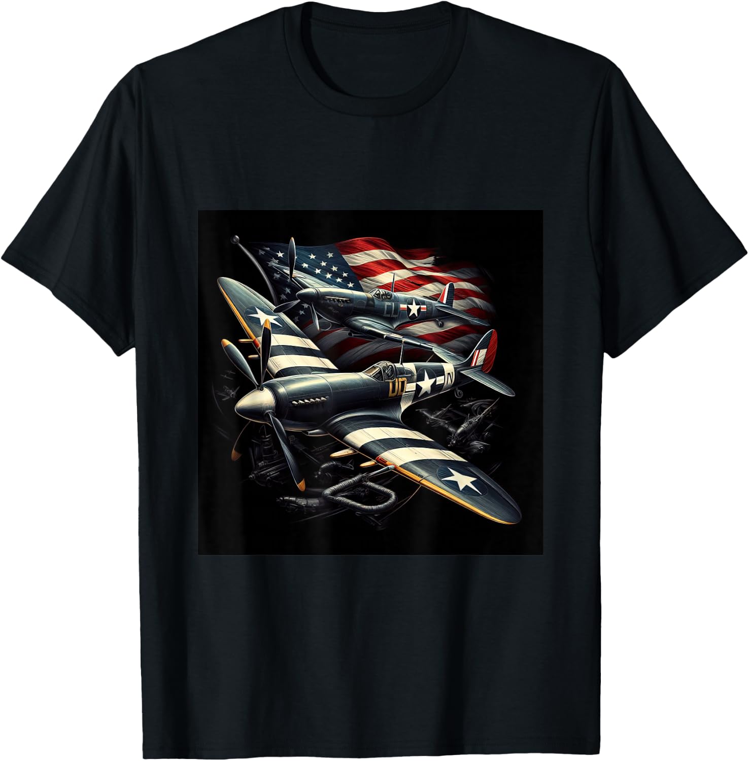 Spitfire F4U Corsair WW2 Airplanes US Flag T-Shirt - T-Shirt | Black