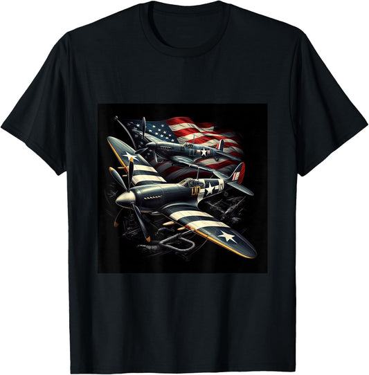 Spitfire F4U Corsair WW2 Airplanes US Flag T-Shirt - T-Shirt | Black