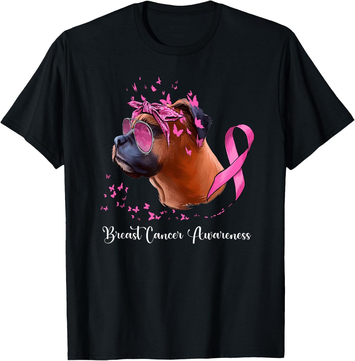 Boxer Dog Lover Pink Ribbon Breast Cancer Awareness T-Shirt - T-Shirt | Black