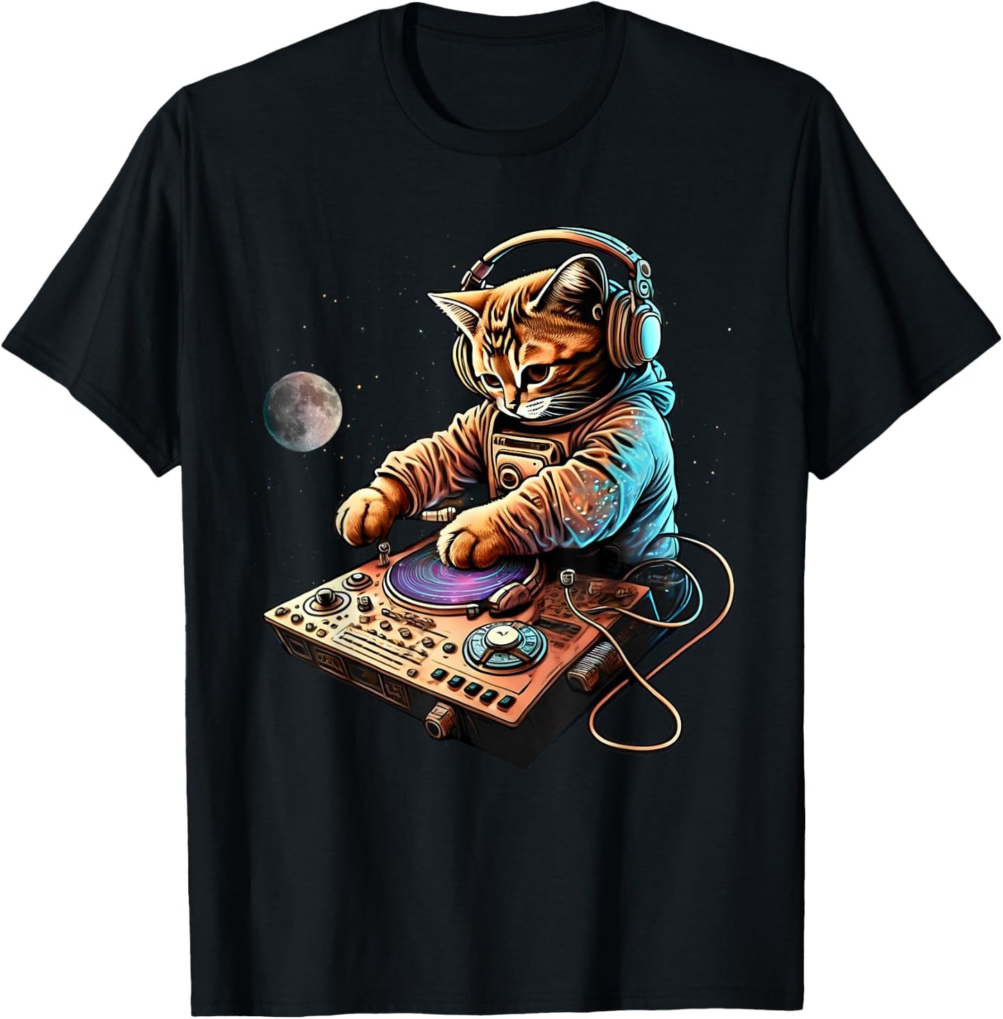 DJ Cat, Cute Space Cat Disc Jockey Cat in Astronaut Suit T-Shirt - T-Shirt | Black