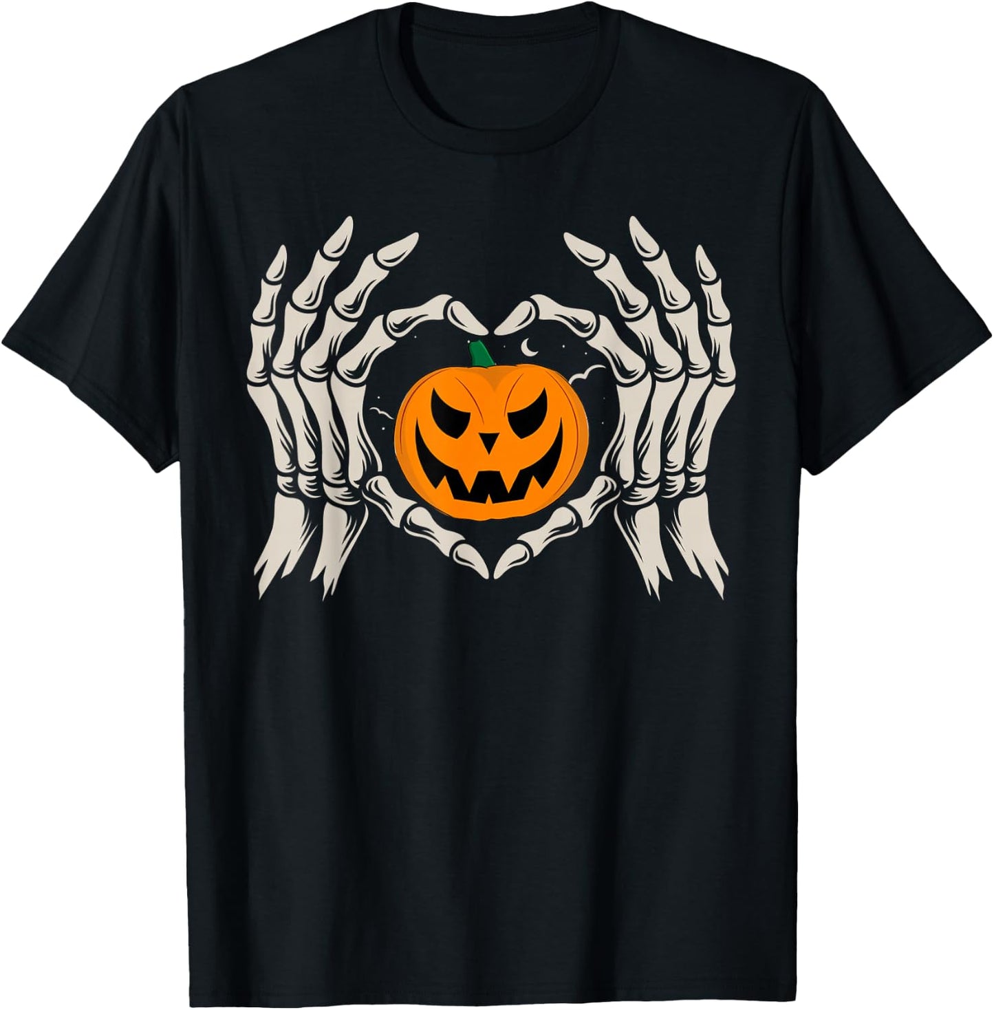 Skeleton Hand Heart with Pumpkin Halloween Funny Bones Love T-Shirt - T-Shirt | Black