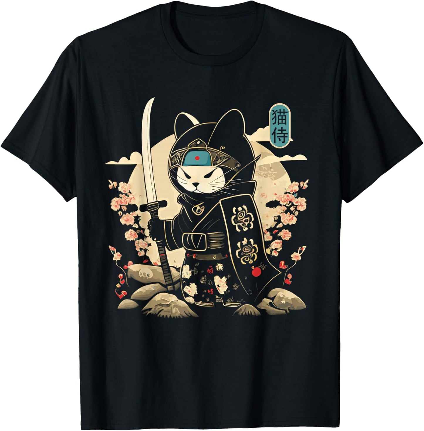 Japanese Samurai Cat Tattoo Kawaii Ninja Cat T-Shirt - T-Shirt | Black