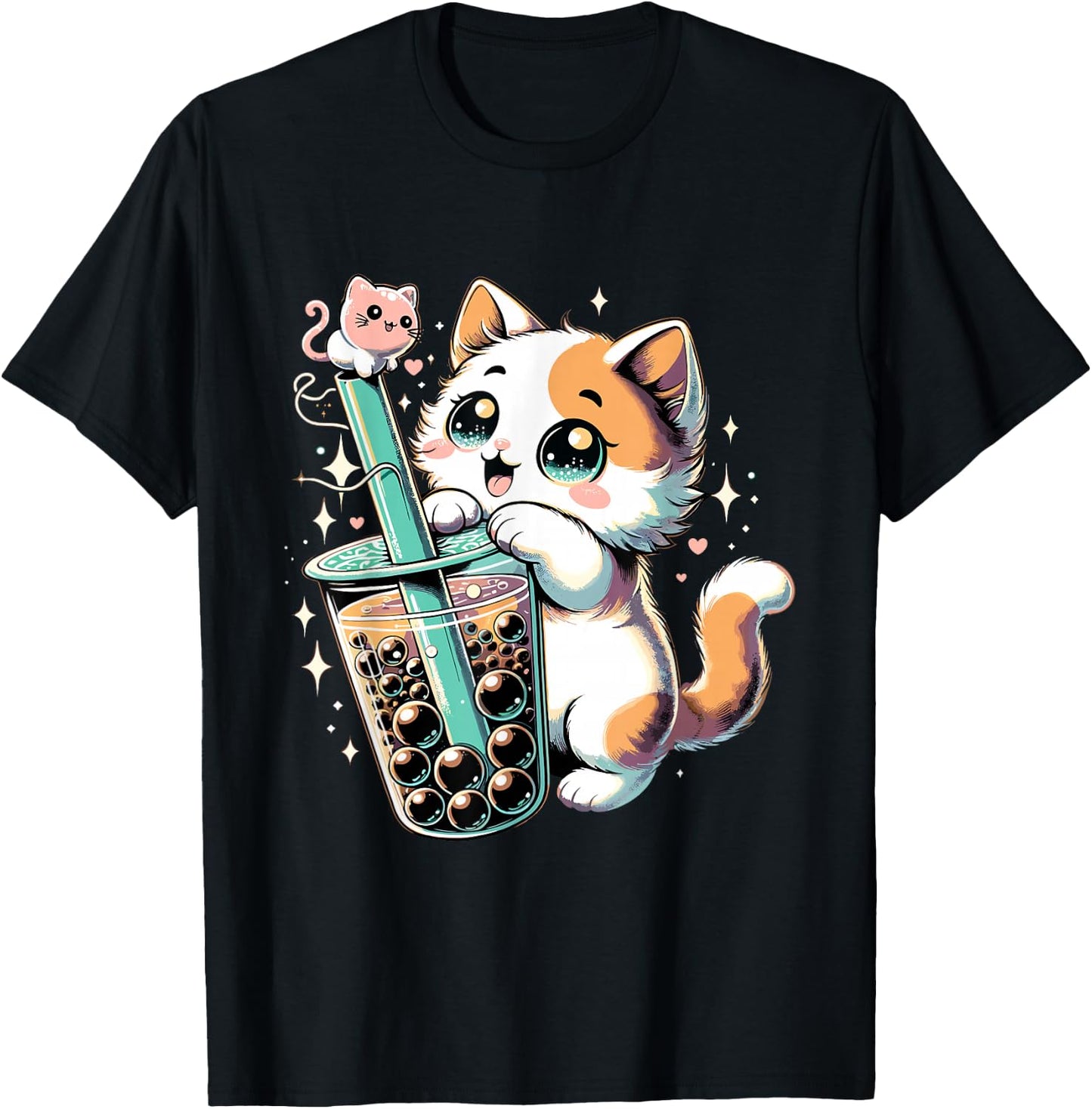 Cat Boba Japanese Kawaii Anime Kitty Bubble Tea Neko Teen T-Shirt - T-Shirt | Black