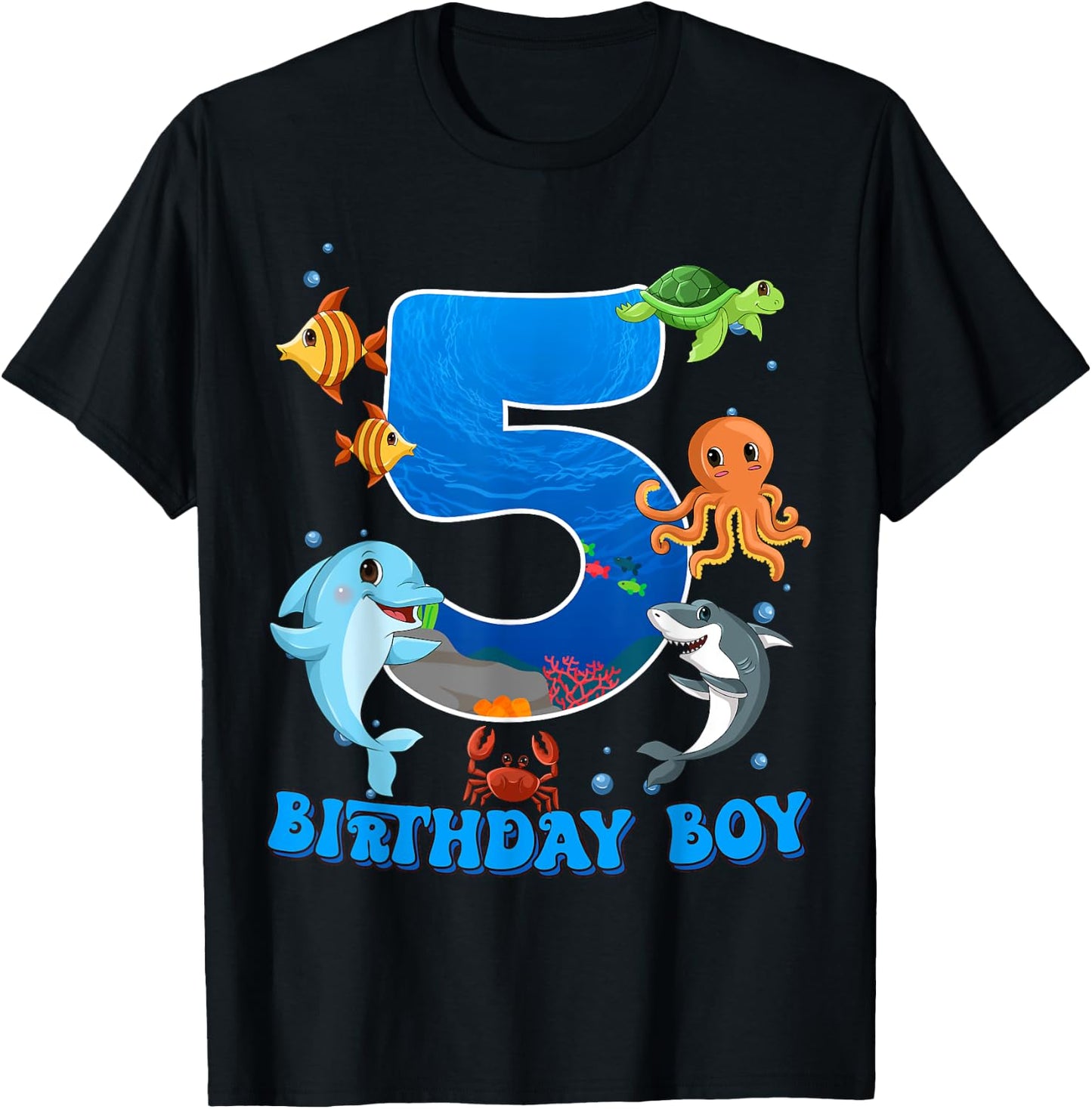 5th Birthday Party Ocean 5 Year Old Sea Fish Birthday Boy T-Shirt - T-Shirt | Black