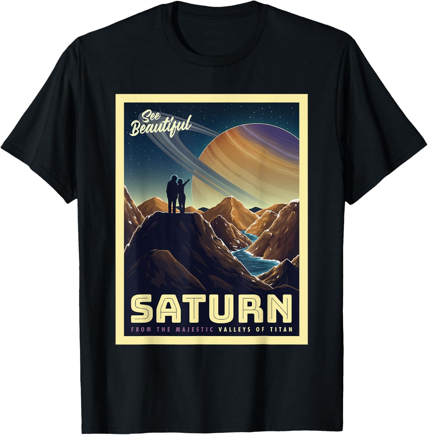 Retro Space Tourism Saturn Valleys of Titan T-Shirt - T-Shirt | Black