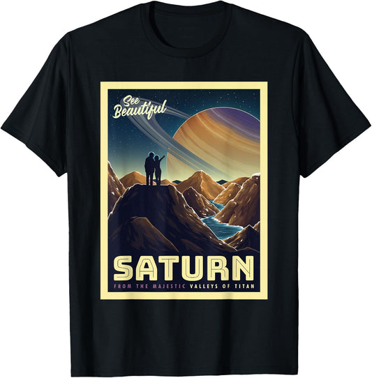 Retro Space Tourism Saturn Valleys of Titan T-Shirt - T-Shirt | Black