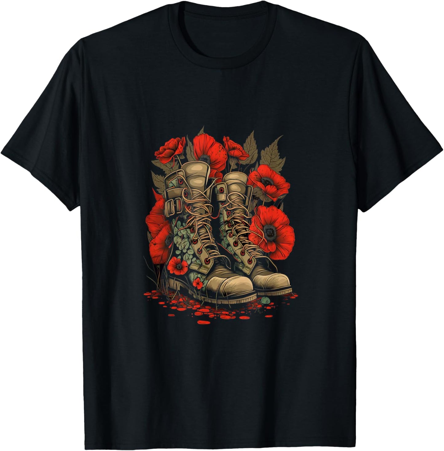 Memorial Day Red Poppy Flower Military Boots 4th of July Women Men T-Shirt - T-Shirt | Black