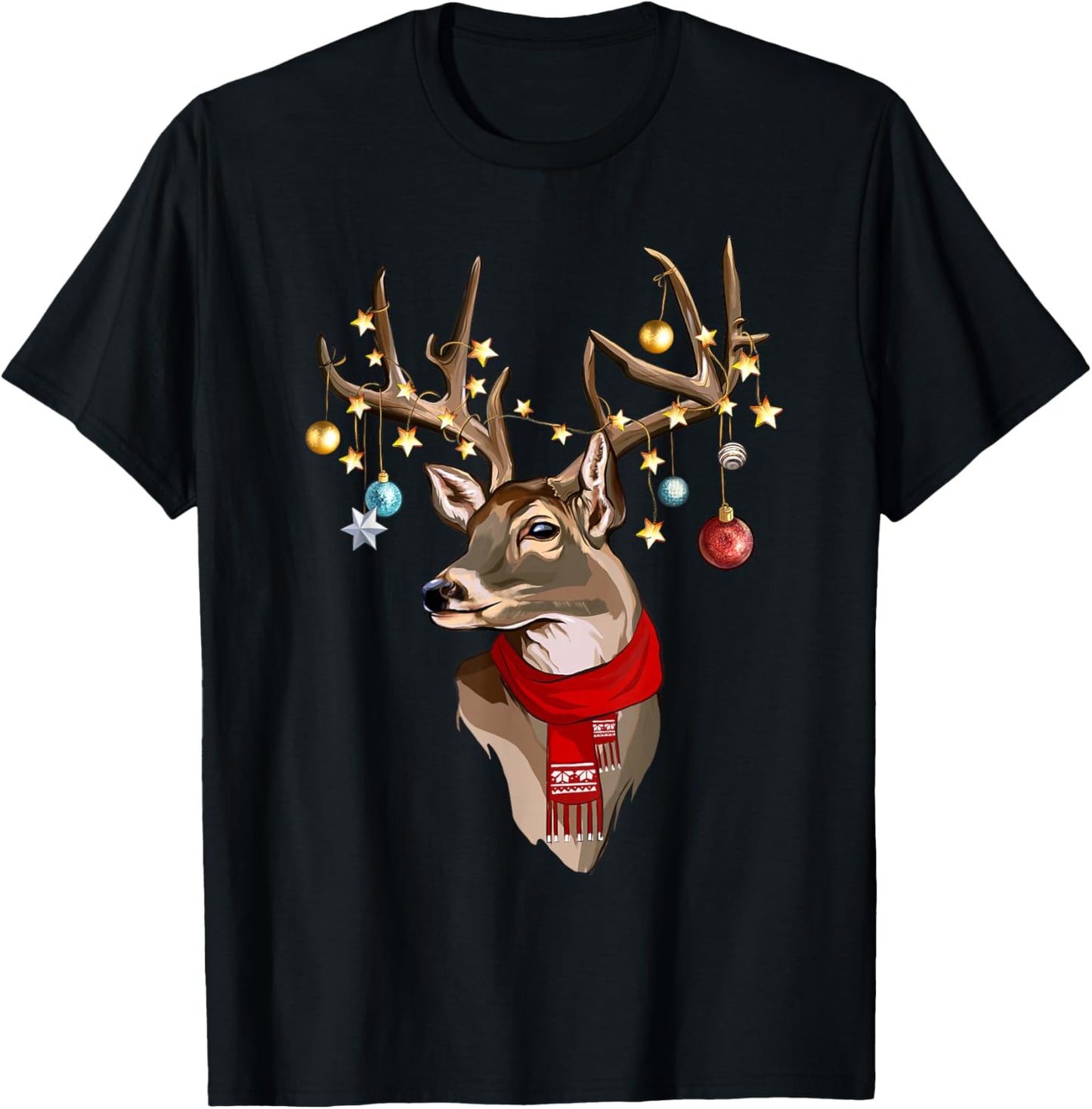 Buck Deer Antlers Christmas Lights Scarf Xmas Party T-Shirt - T-Shirt | Black